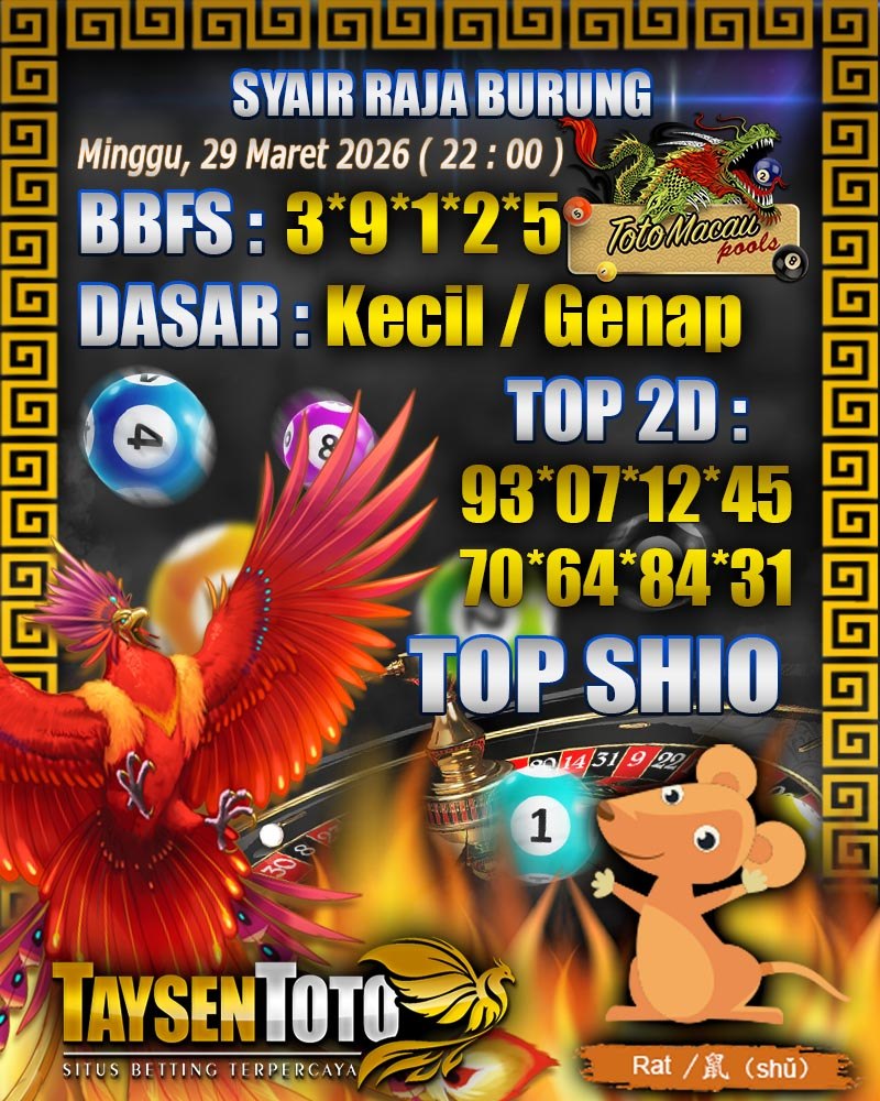 Syair Raja Burung Toto Macau Hari Minggu, 29 Maret 2026| 22 : 00 WIB