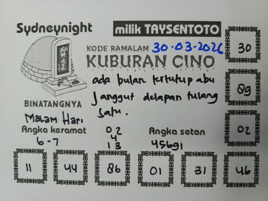 Syair Kuburan Cino SydneyNight Hari ini Senin, 30 Maret 2026