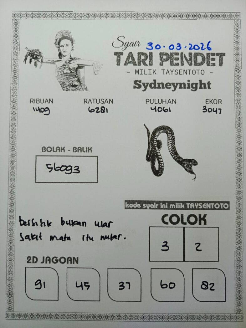 Syair Tari Pendet SydneyNight Hari ini Senin, 30 Maret 2026