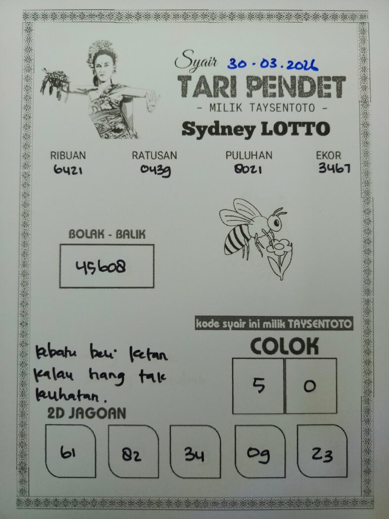Syair Tari Pendet Sydney Hari ini Senin, 30 Maret 2026
