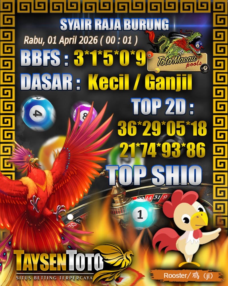 Syair Raja Burung Toto Macau Hari Rabu, 01 April 2026| 00 : 01 WIB