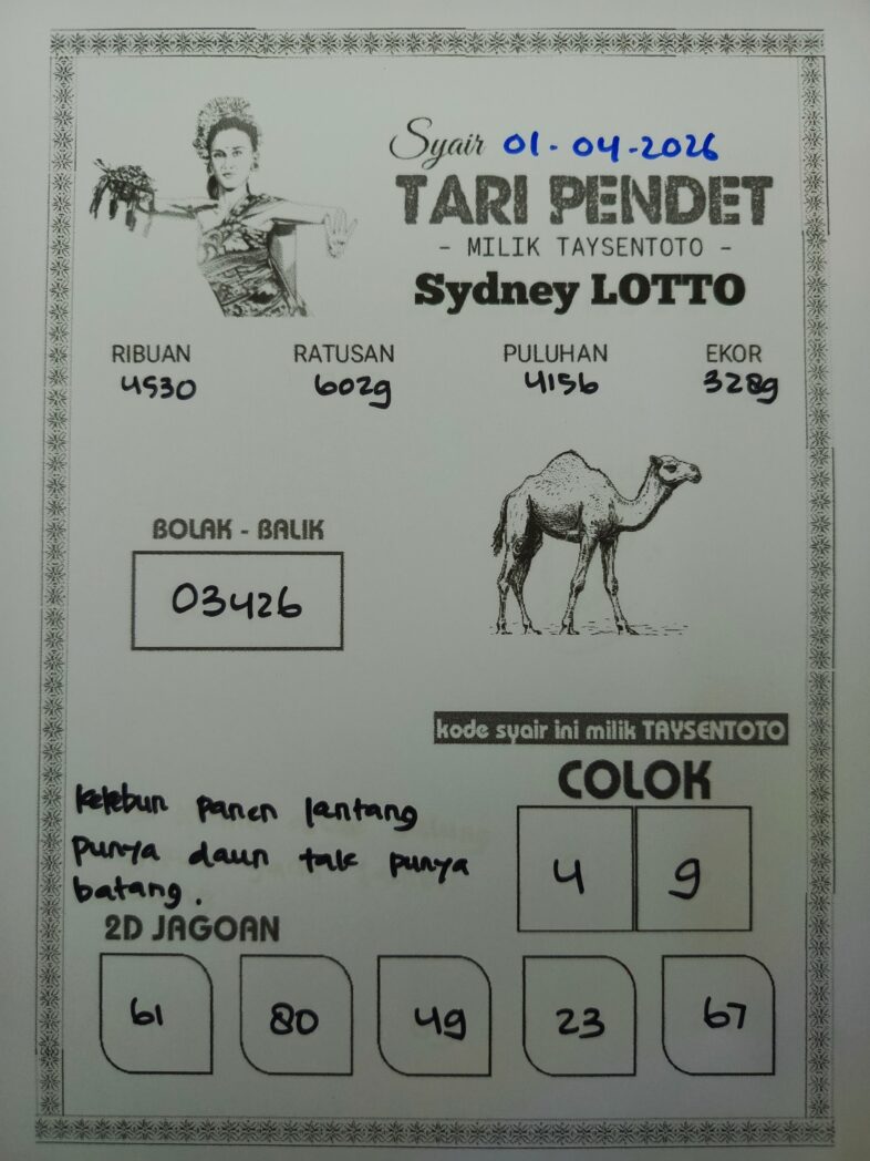 Syair Tari Pendet Sydney Hari ini Rabu, 01 April 2026