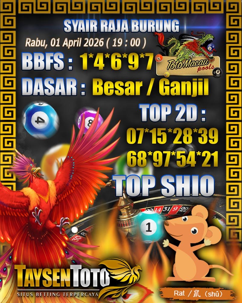 Syair Raja Burung Toto Macau Hari Rabu, 01 April 2026| 19 : 00 WIB