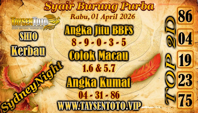 Syair Burung Purba SydneyNight Hari ini Rabu, 01 April 2026