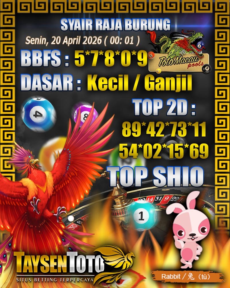 Syair Raja Burung Toto Macau Hari Senin, 20 April 2026| 00 : 01 WIB