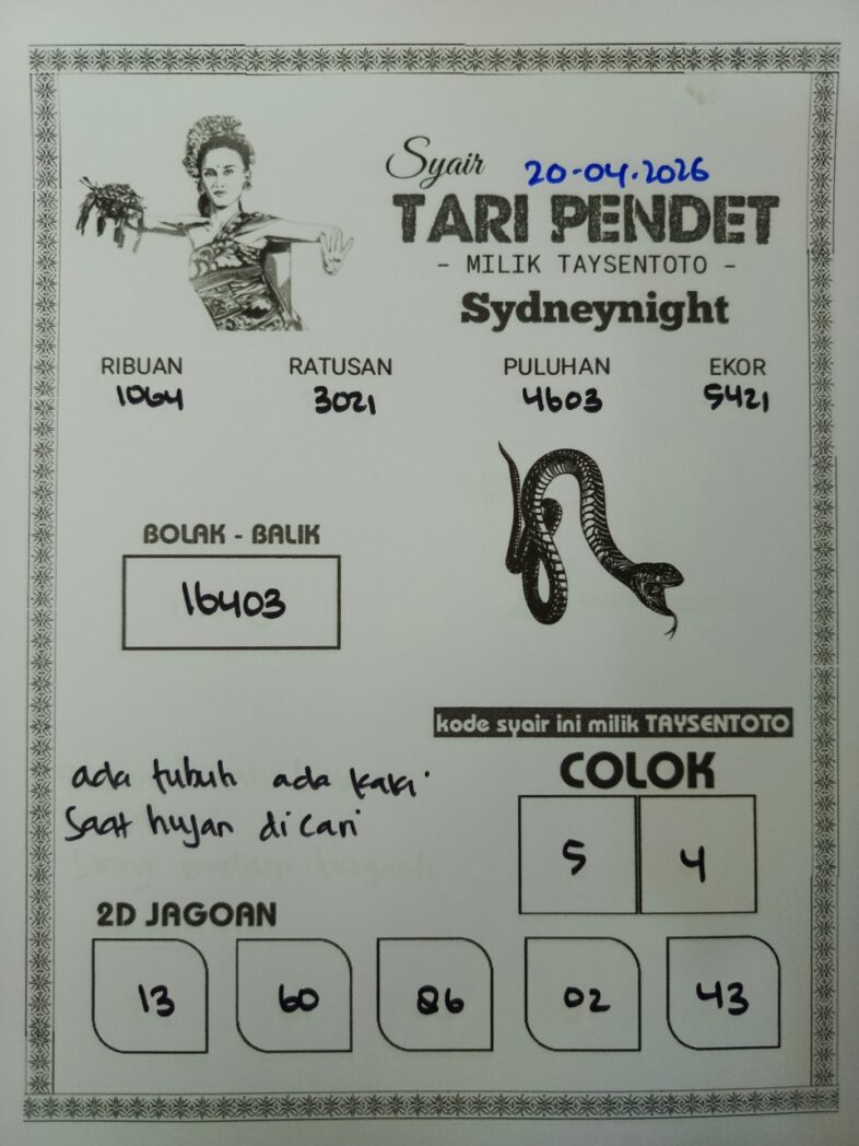 Syair Tari Pendet SydneyNight Hari ini Senin, 20 April 2026