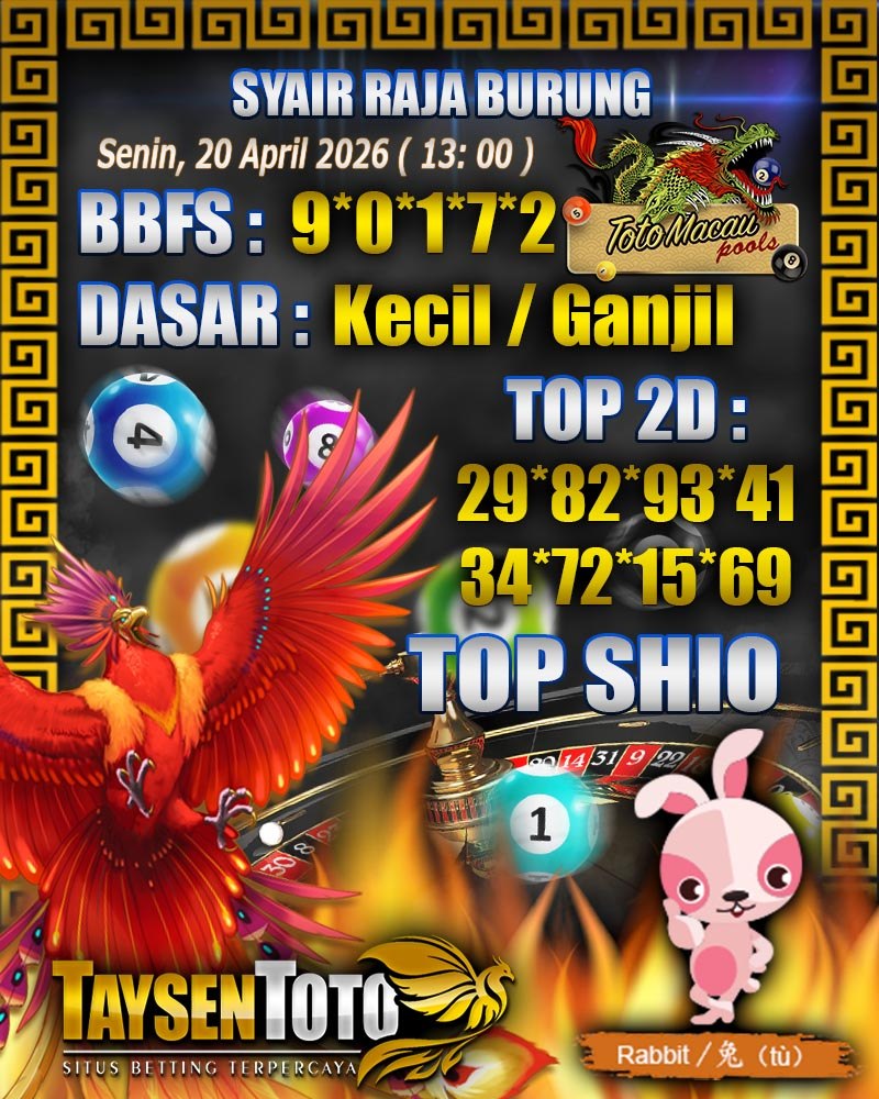 Syair Raja Burung Toto Macau Hari Senin, 20 April 2026| 13 : 00 WIB
