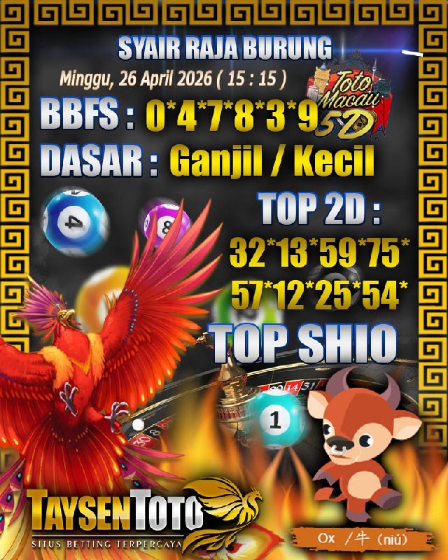 Syair Raja Burung Toto Macau 5D Hari Ini Minggu, 26 April 2026| 15 : 15 WIB