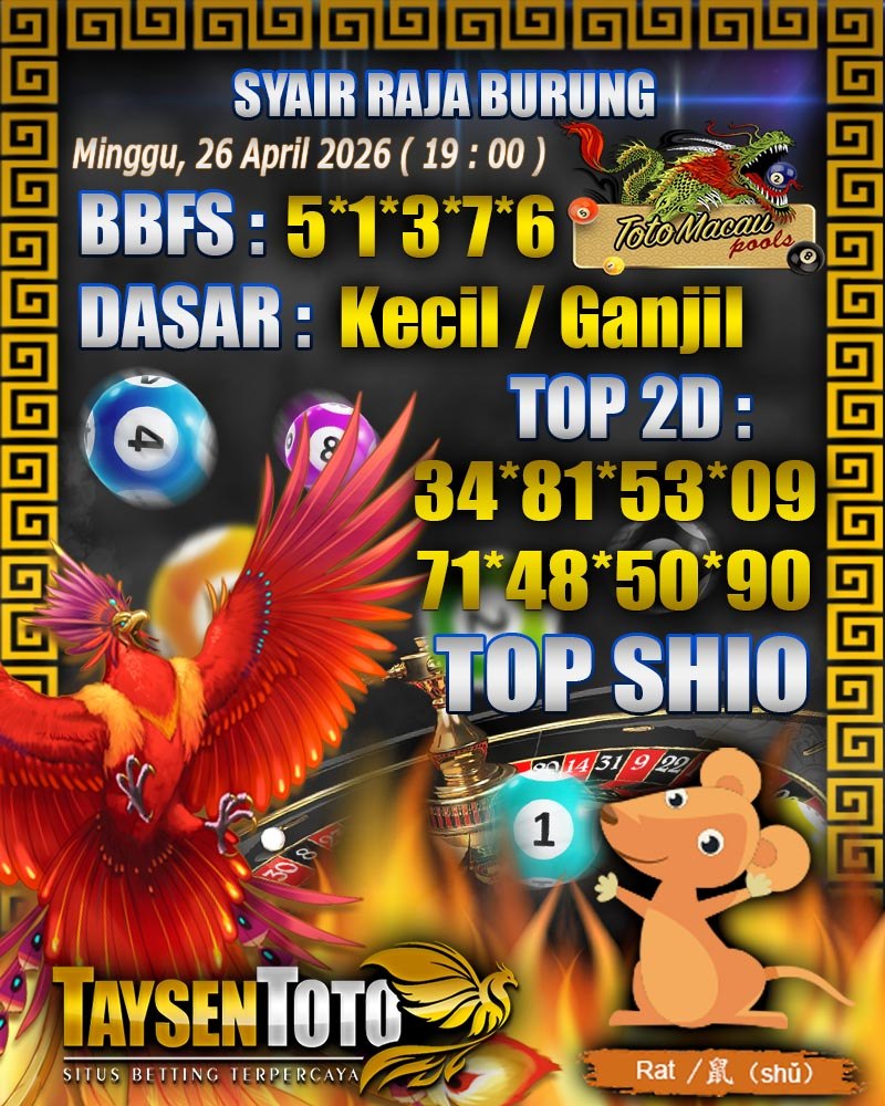 Syair Raja Burung Toto Macau Hari Minggu, 26 April 2026| 19 : 00 WIB