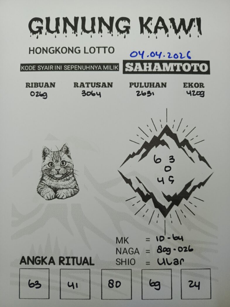 Syair Gunung Kawi HONGKONG LOTTO Hari ini Sabtu, 04 April 2026