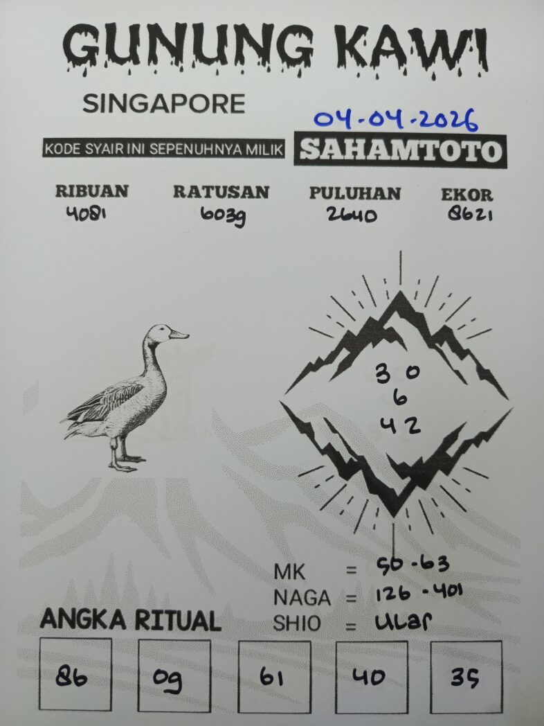 Syair Gunung Kawi SINGAPORE POOLS Hari ini Sabtu, 04 April 2026