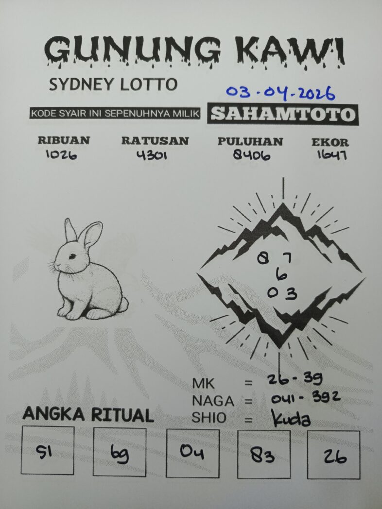 Syair Gunung Kawi SYDNEY LOTTO Hari ini Jumat 03 Maret 2026