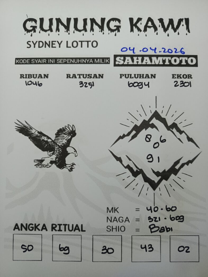 Syair Gunung Kawi SYDNEY LOTTO Hari ini Sabtu, 04 April 2026