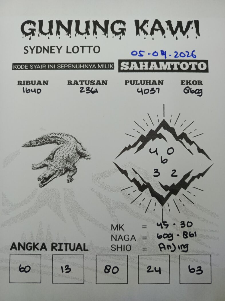 Syair Gunung Kawi SYDNEY LOTTO Hari ini Minggu 05 April 2026