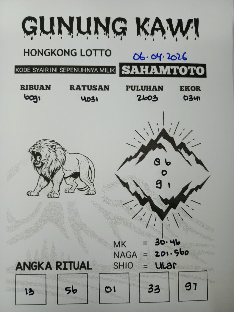 Syair Gunung Kawi HONGKONG LOTTO Hari ini Senin, 06 April 2026