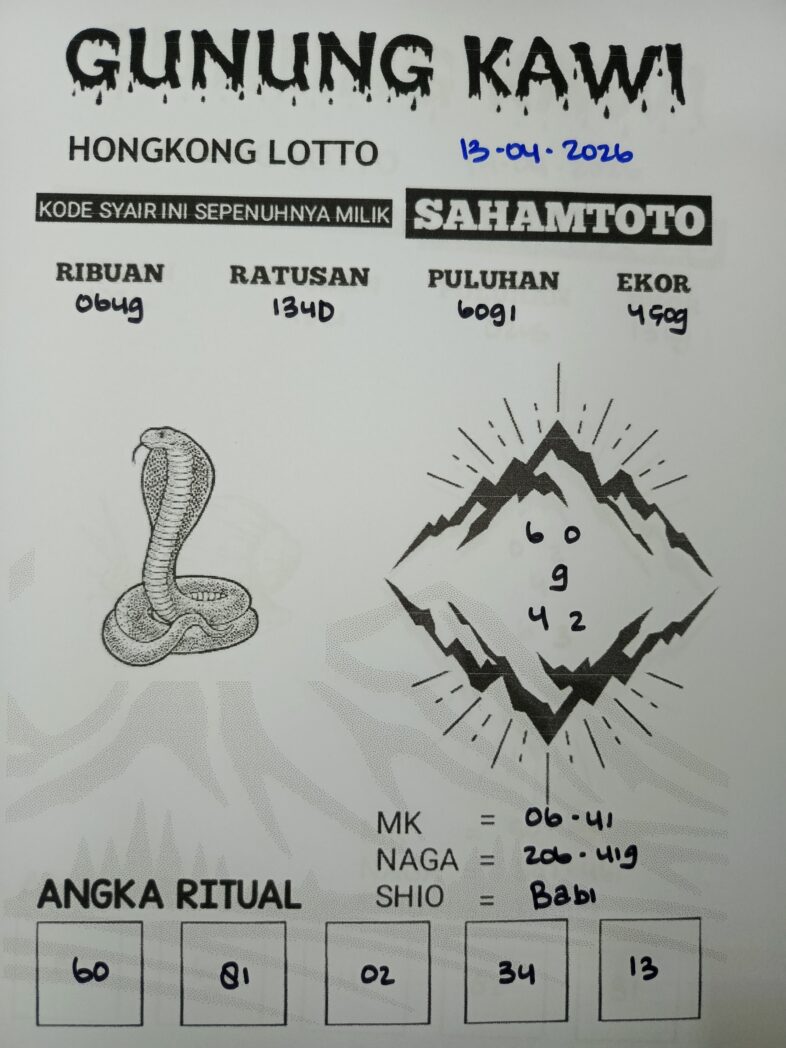 Syair Gunung Kawi HONGKONG LOTTO Hari ini SENIN 13 April 2026