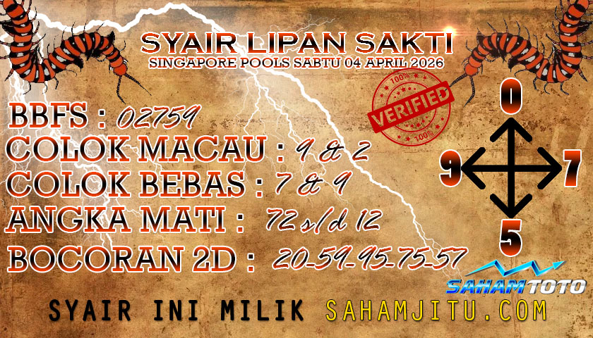 Syair lipan sakti SINGAPORE POOLS Hari ini Sabtu, 04 April 2026