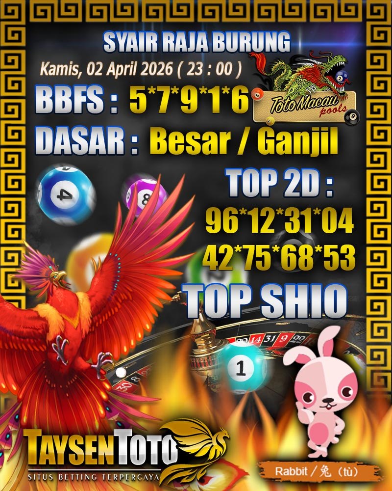 Syair Raja Burung Toto Macau Hari Kamis, 02 April 2026| 23 : 00 WIB