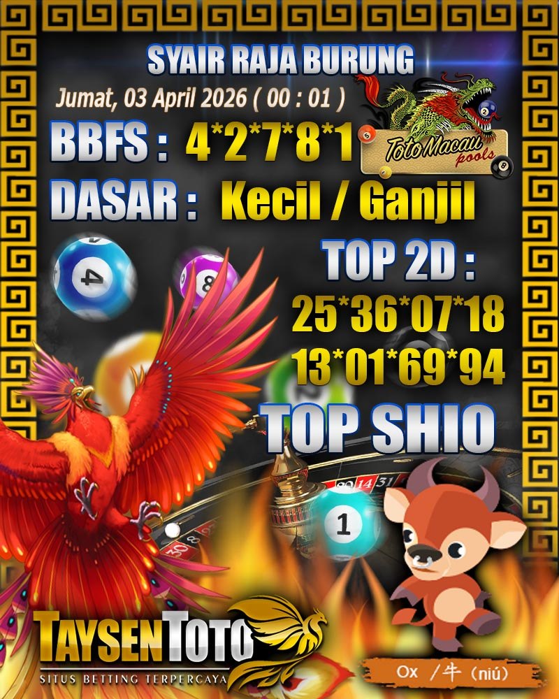 Syair Raja Burung Toto Macau Hari Jumat, 03 April 2026| 00 : 01 WIB