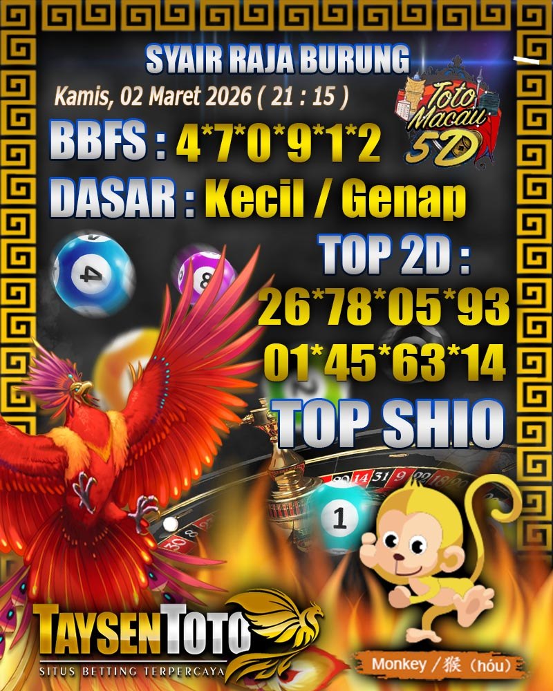 Syair Raja Burung Toto Macau 5D Hari Ini Kamis, 02 April 2026| 21 : 15 WIB