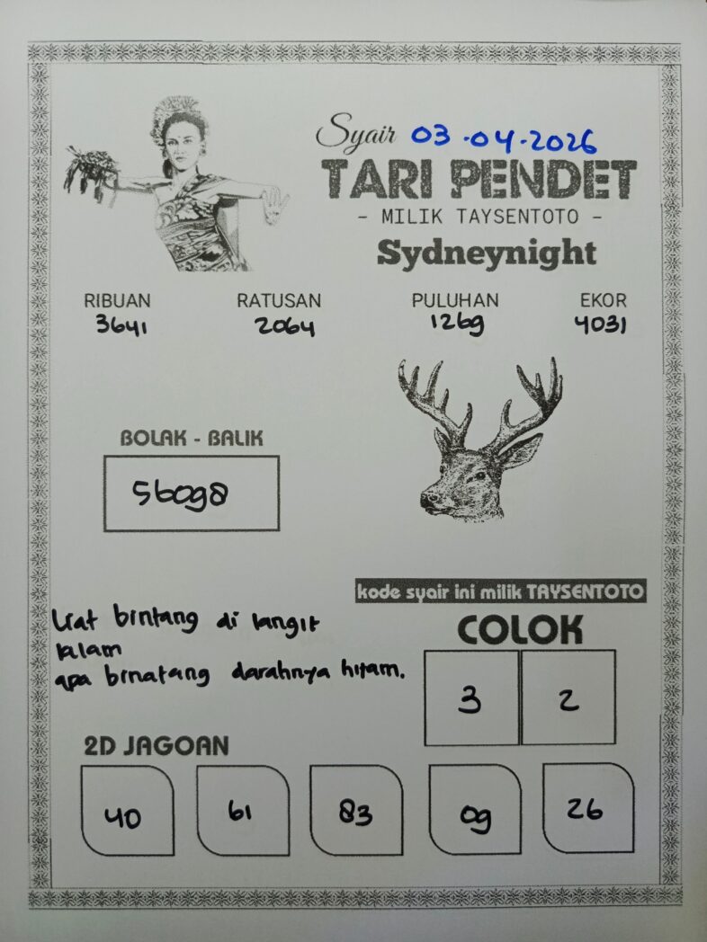 Syair Tari Pendet SydneyNight Hari ini Jumat, 03 April 2026