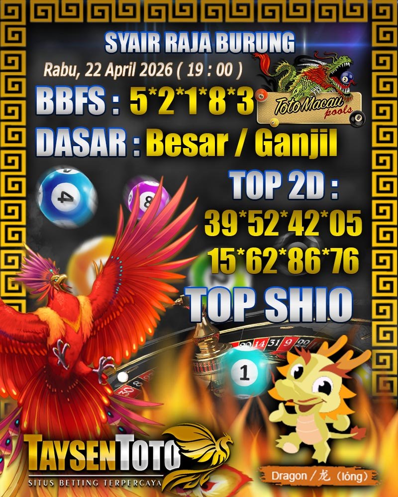 Syair Raja Burung Toto Macau Hari Rabu, 22 April 2026| 19 : 00 WIB
