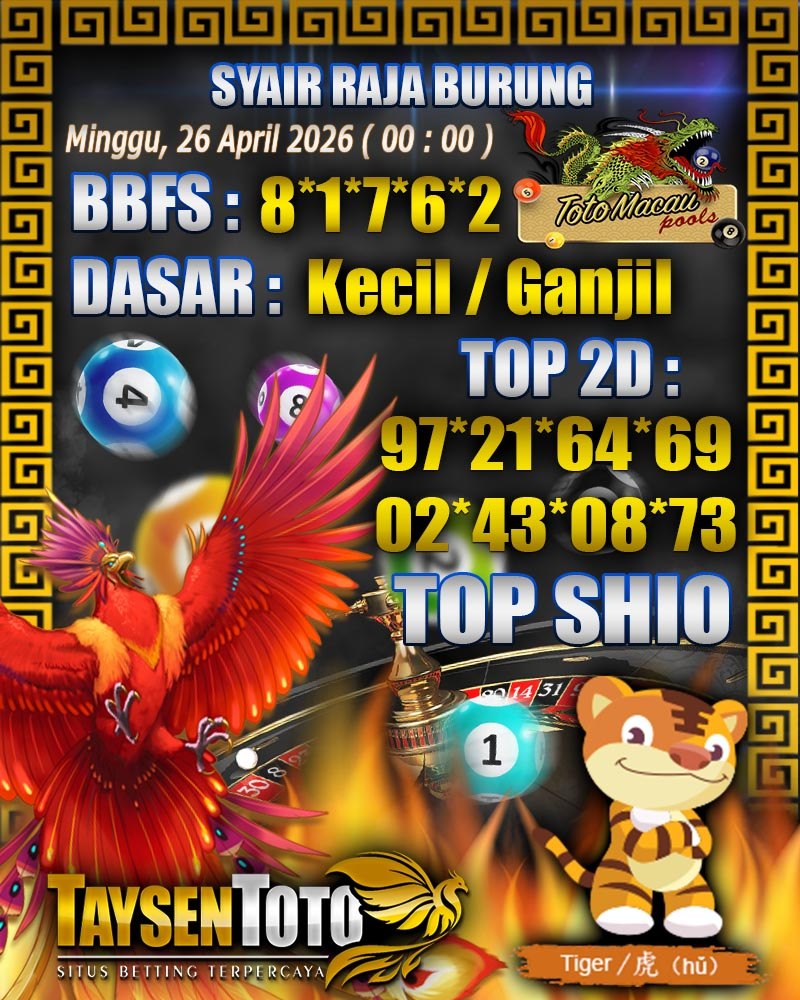 Syair Raja Burung Toto Macau Hari Minggu, 26 April 2026| 00 : 01 WIB