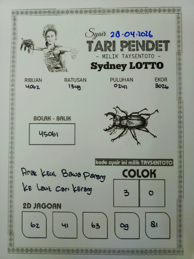 Syair Tari Pendet Sydney Hari ini Selasa, 28 April 2026