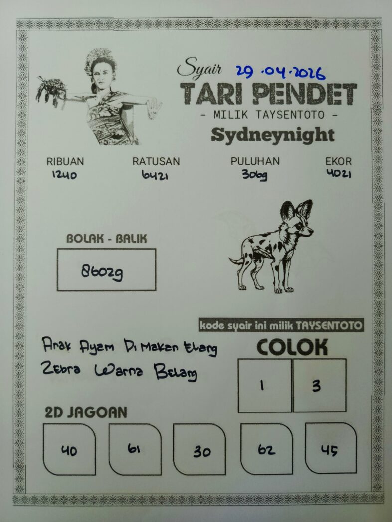 Syair Tari Pendet SydneyNight Hari ini Rabu, 29 April 2026