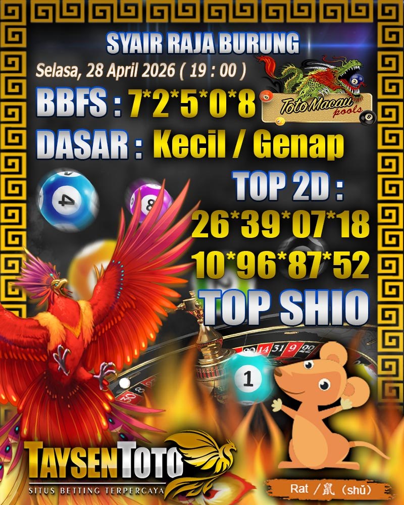 Syair Raja Burung Toto Macau Hari Selasa, 28 April 2026| 19 : 00 WIB