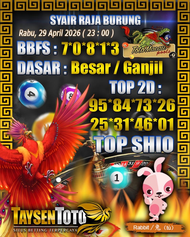 Syair Raja Burung Toto Macau Hari Rabu, 29 April 2026| 23 : 00 WIB