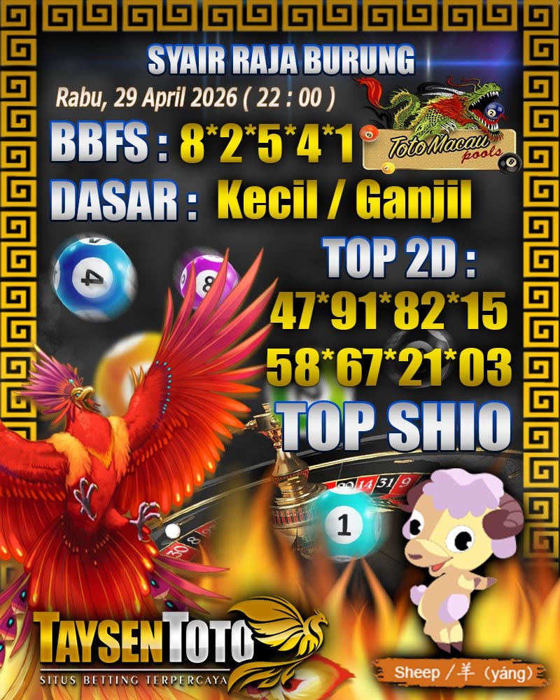 Syair Raja Burung Toto Macau Hari Rabu, 29 April 2026| 22 : 00 WIB