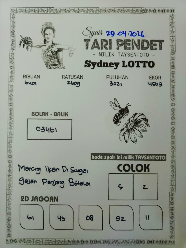 Syair Tari Pendet Sydney Hari ini Rabu, 29 April 2026