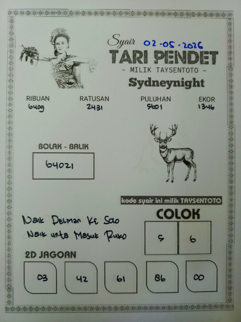 Syair Tari Pendet SydneyNight Hari ini Sabtu, 02 Mei 2026