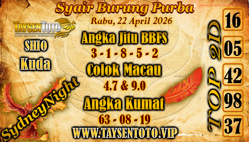 Syair Burung Purba SydneyNight Hari ini Rabu, 22 April 2026