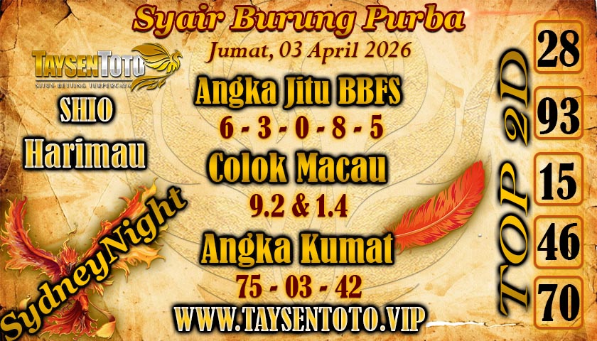 Syair Burung Purba SydneyNight Hari ini Jumat, 03 April 2026