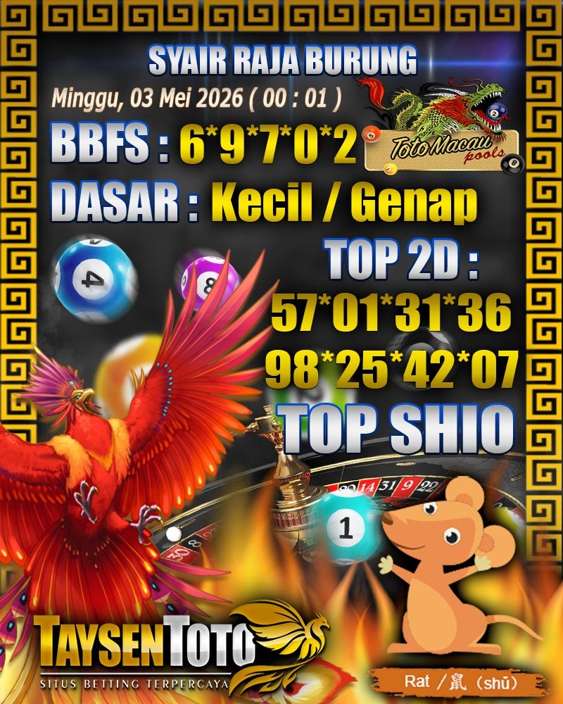 Syair Raja Burung Toto Macau Hari Minggu 03 Mei 2026| 00 : 01 WIB