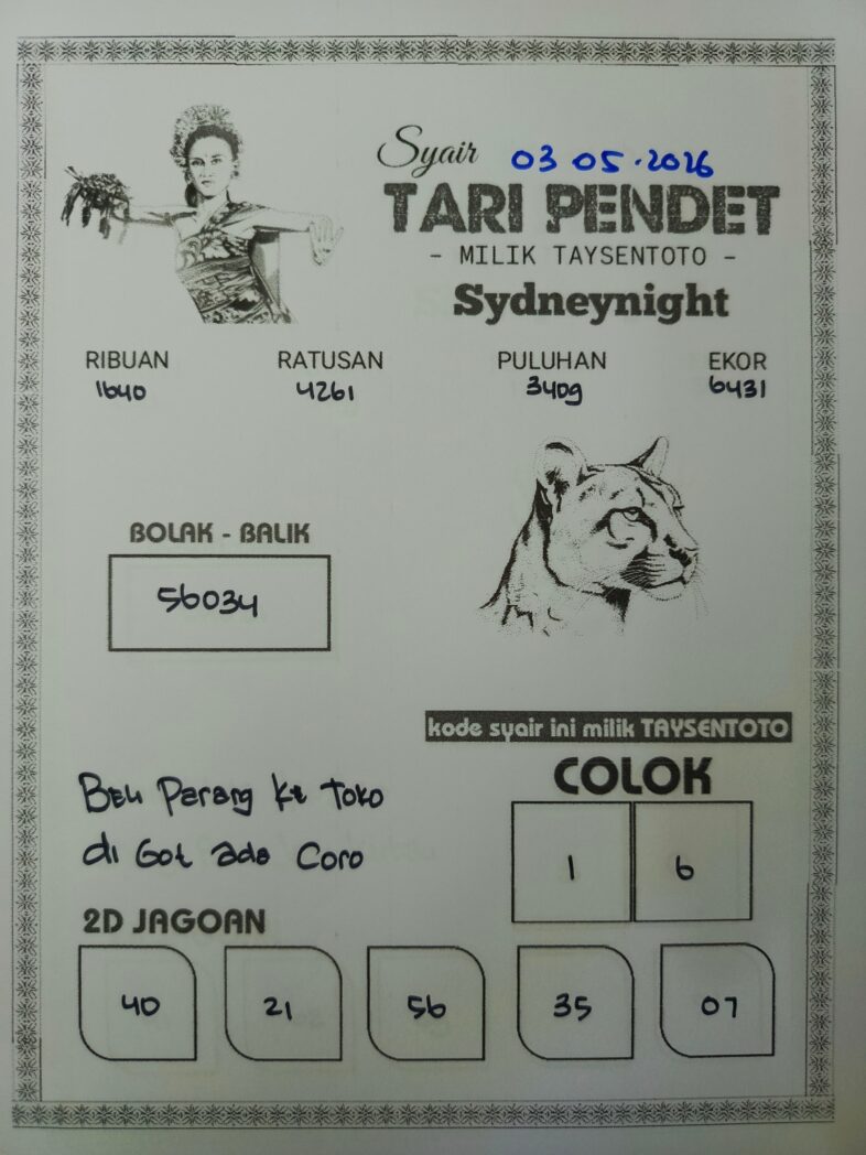 Syair Tari Pendet SydneyNight Hari ini Minggu, 03 Mei 2026