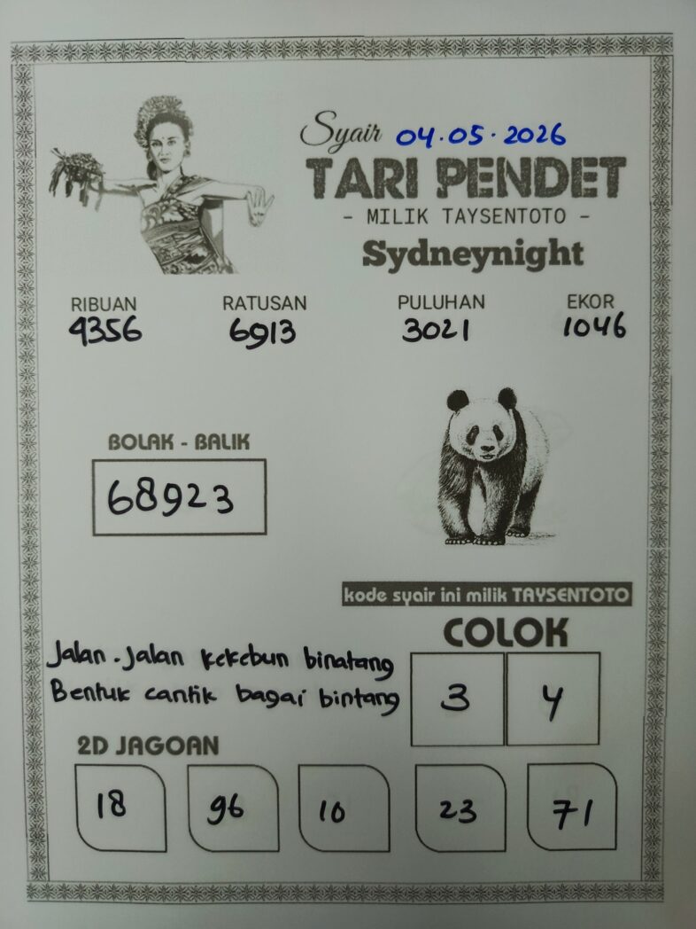 Syair Tari Pendet SydneyNight Hari ini Senin, 04 Mei 2026