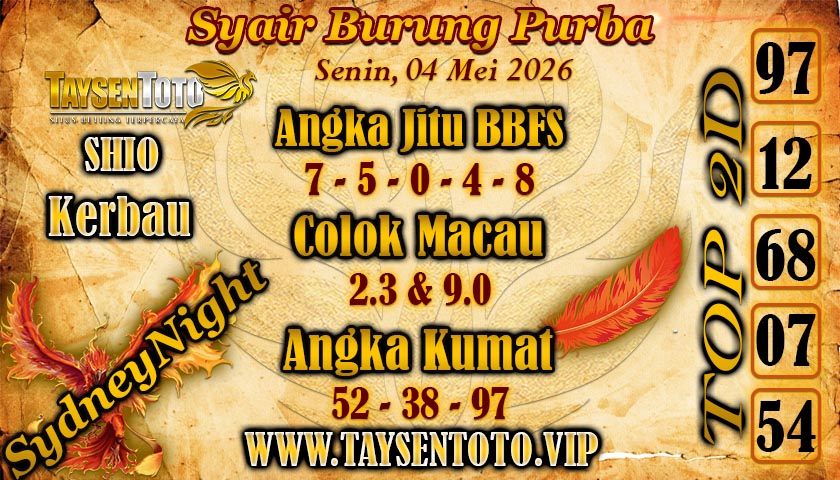 Syair Burung Purba SydneyNight Hari ini Senin, 04 Mei 2026