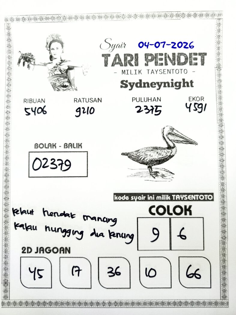 Syair Tari Pendet SydneyNight Hari ini Sabtu, 04 Juli 2026