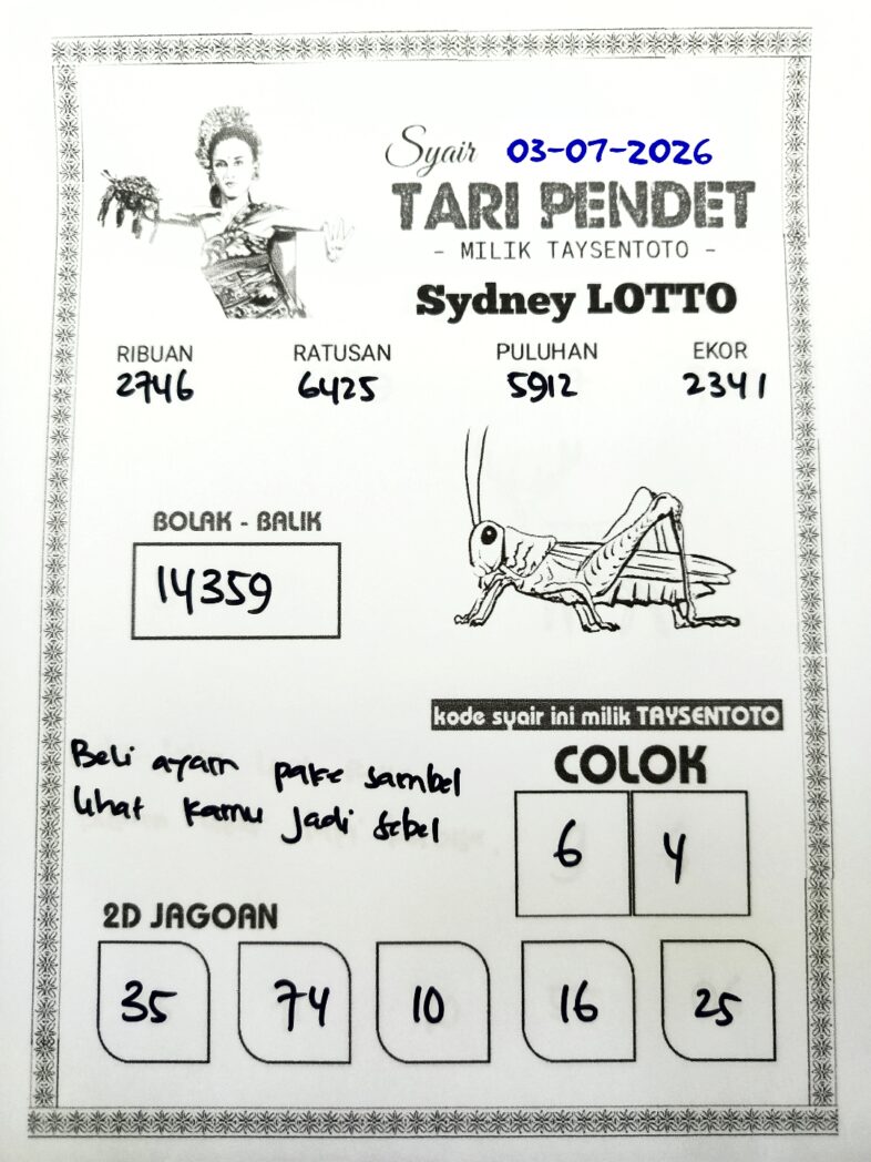 Syair Tari Pendet Sydney Hari ini Jumat, 03 Juli 2026