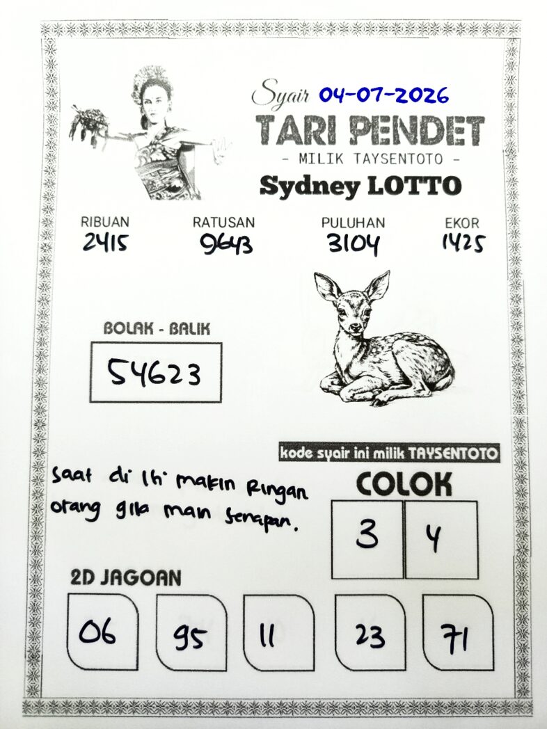 Syair Tari Pendet Sydney Hari ini Sabtu, 04 Juli 2026