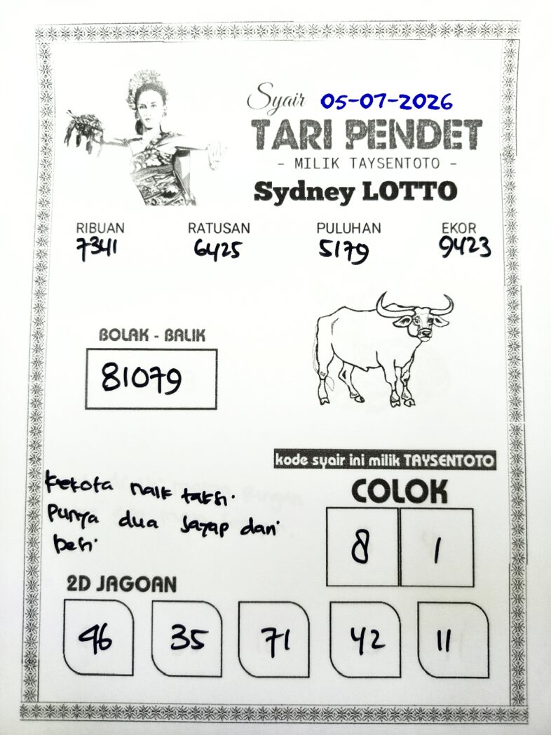 Syair Tari Pendet Sydney Hari ini Minggu, 05 Juli 2026