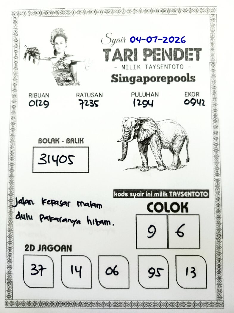 Syair Tari Pendet SGP Hari ini Sabtu, 04 Juli 2026