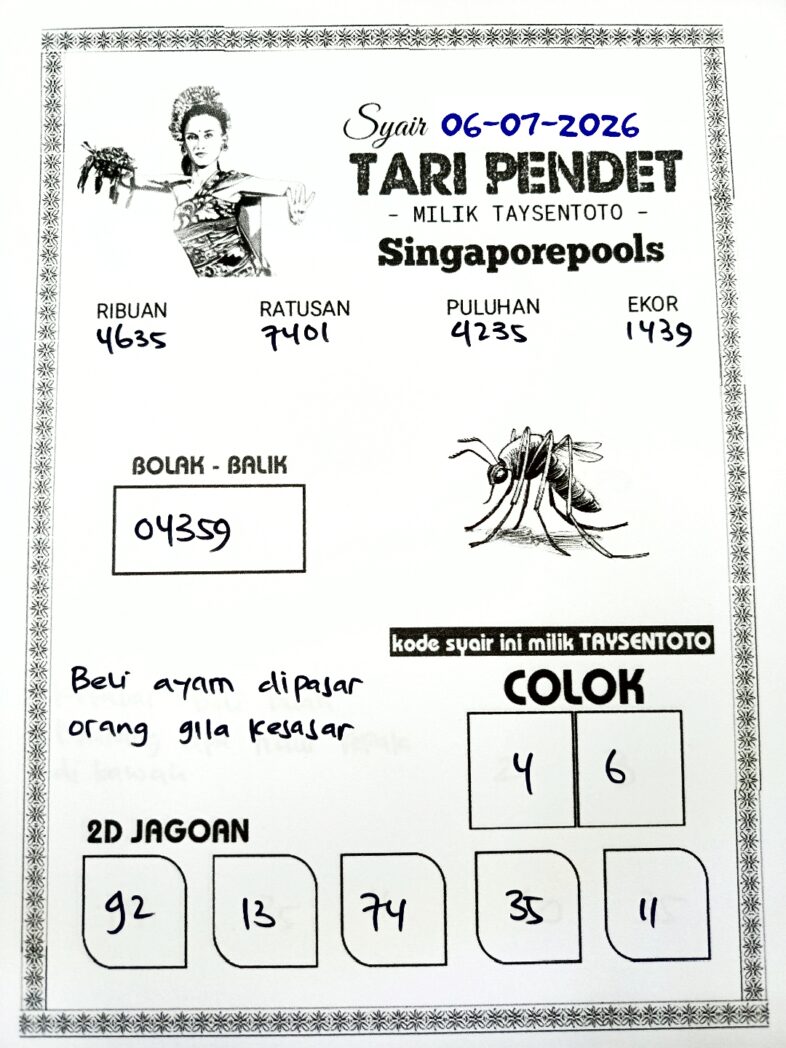 Syair Tari Pendet SGP Hari ini Senin, 06 Juli 2026