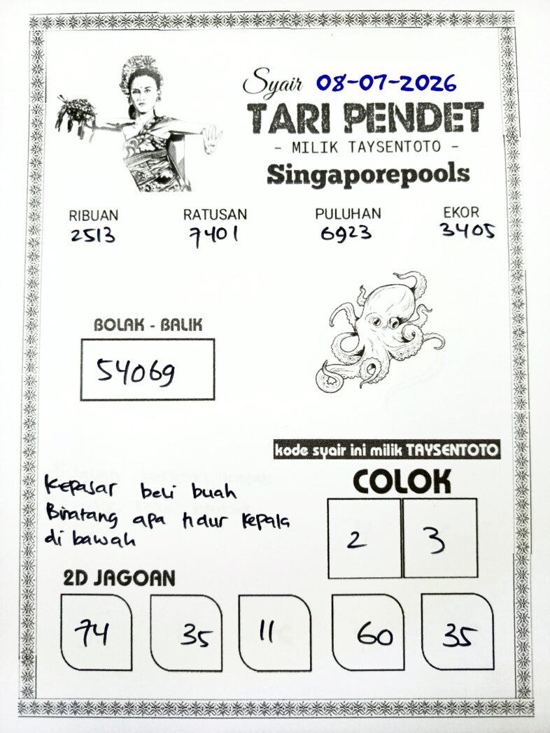 Syair Tari Pendet SGP Hari ini Rabu, 08 Juli 2026