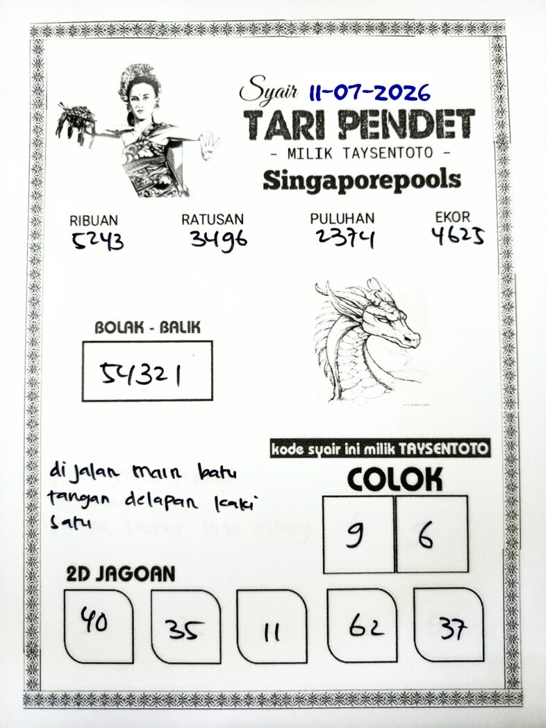 Syair Tari Pendet SGP Hari ini Sabtu, 11 Juli 2026