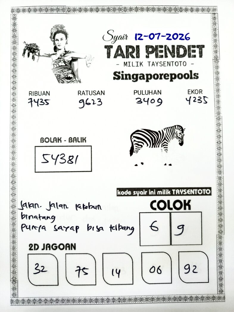 Syair Tari Pendet SGP Hari ini Minggu, 12 Juli 2026