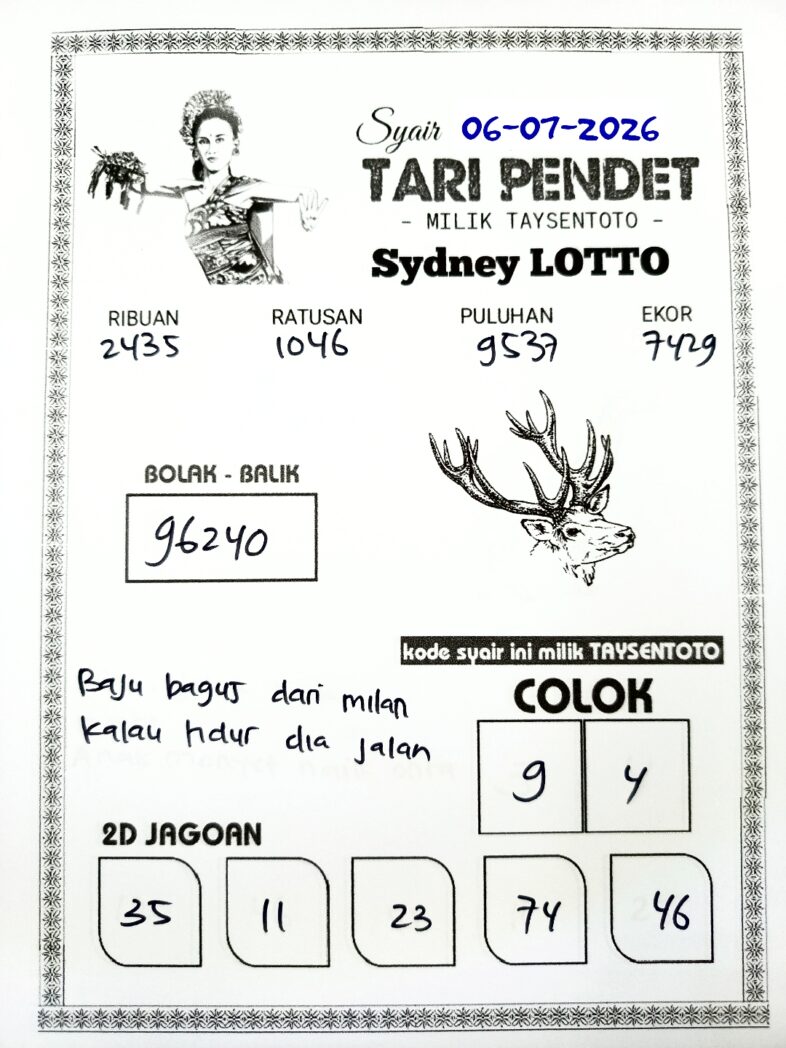 Syair Tari Pendet Sydney Hari ini Senin, 06 Juli 2026